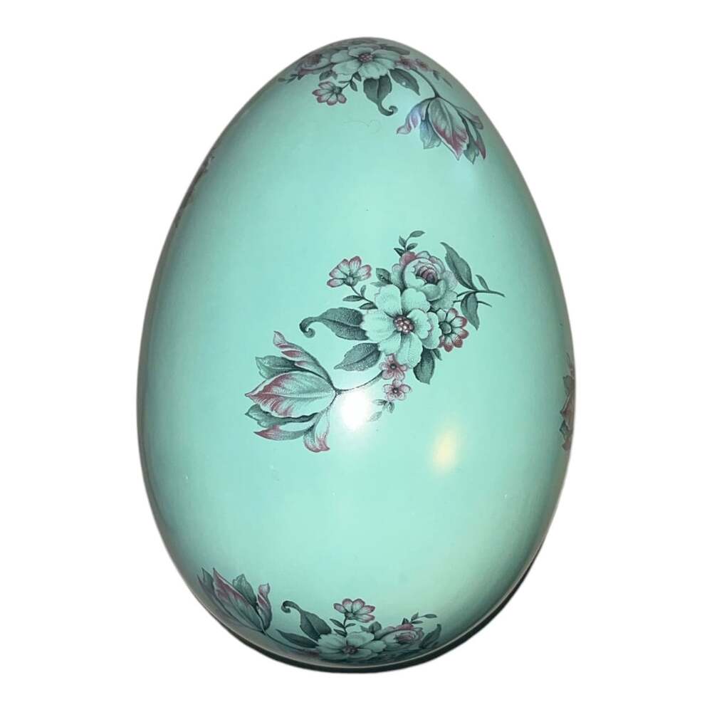 Vintage Ceramic Floral Easter Egg Trinket Box Light Blue with Flowers